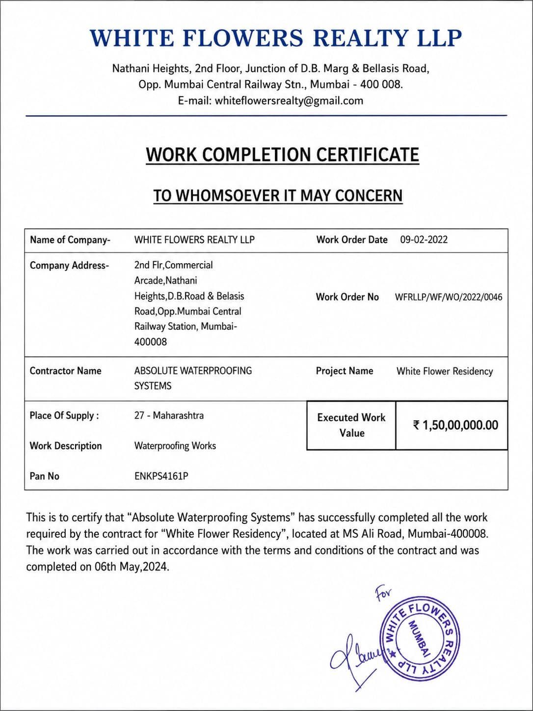 White Flowers Realty LLP Work Completion Certificate