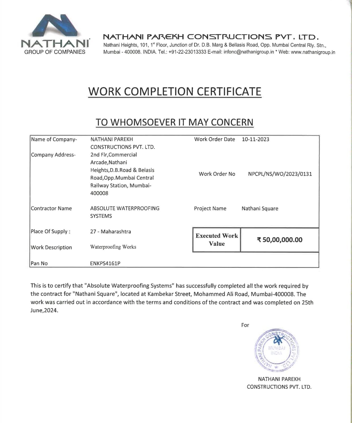 Nathani Parekh Constructions Work Completion Certificate