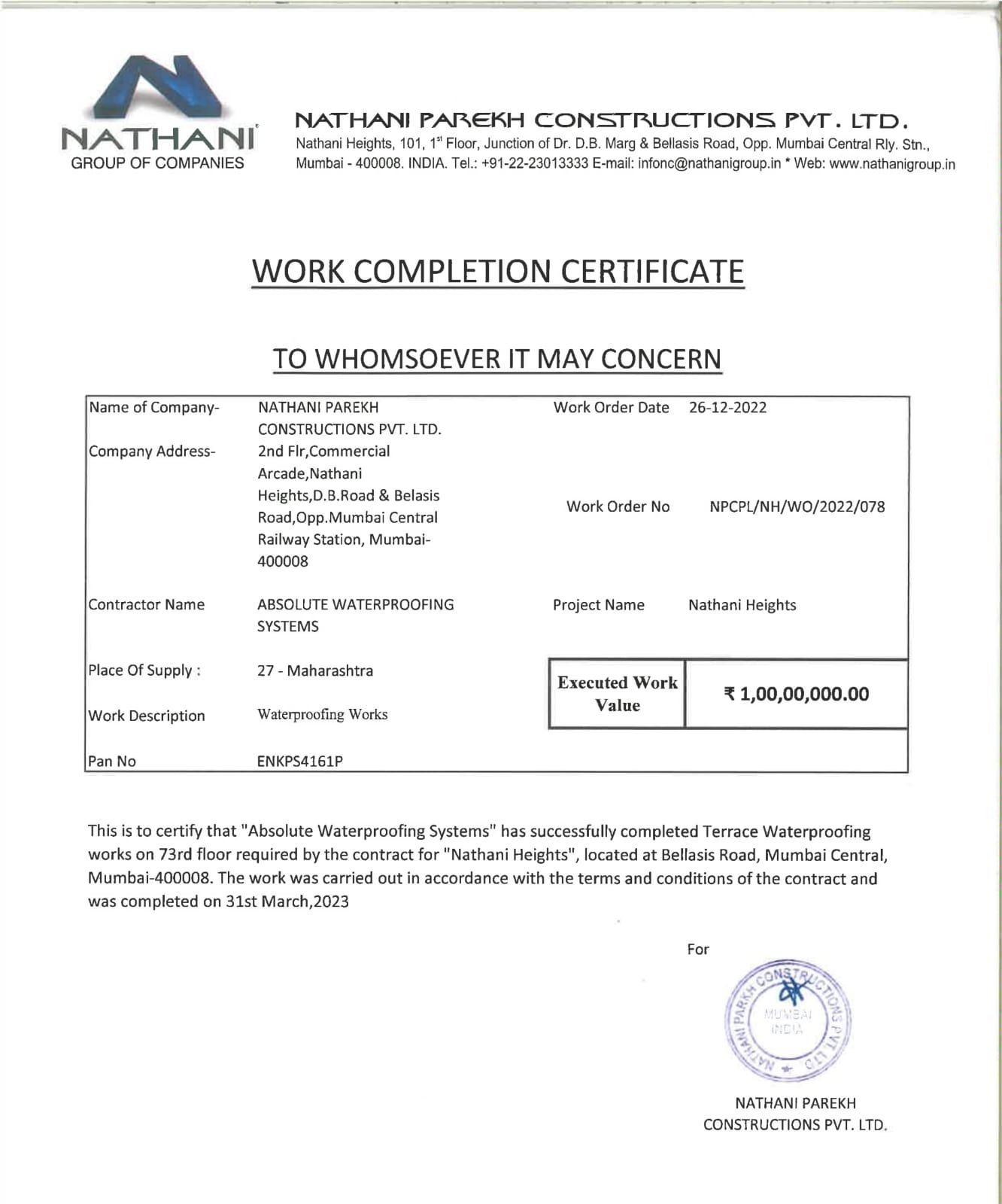 Nathani Heights Work Completion Certificate