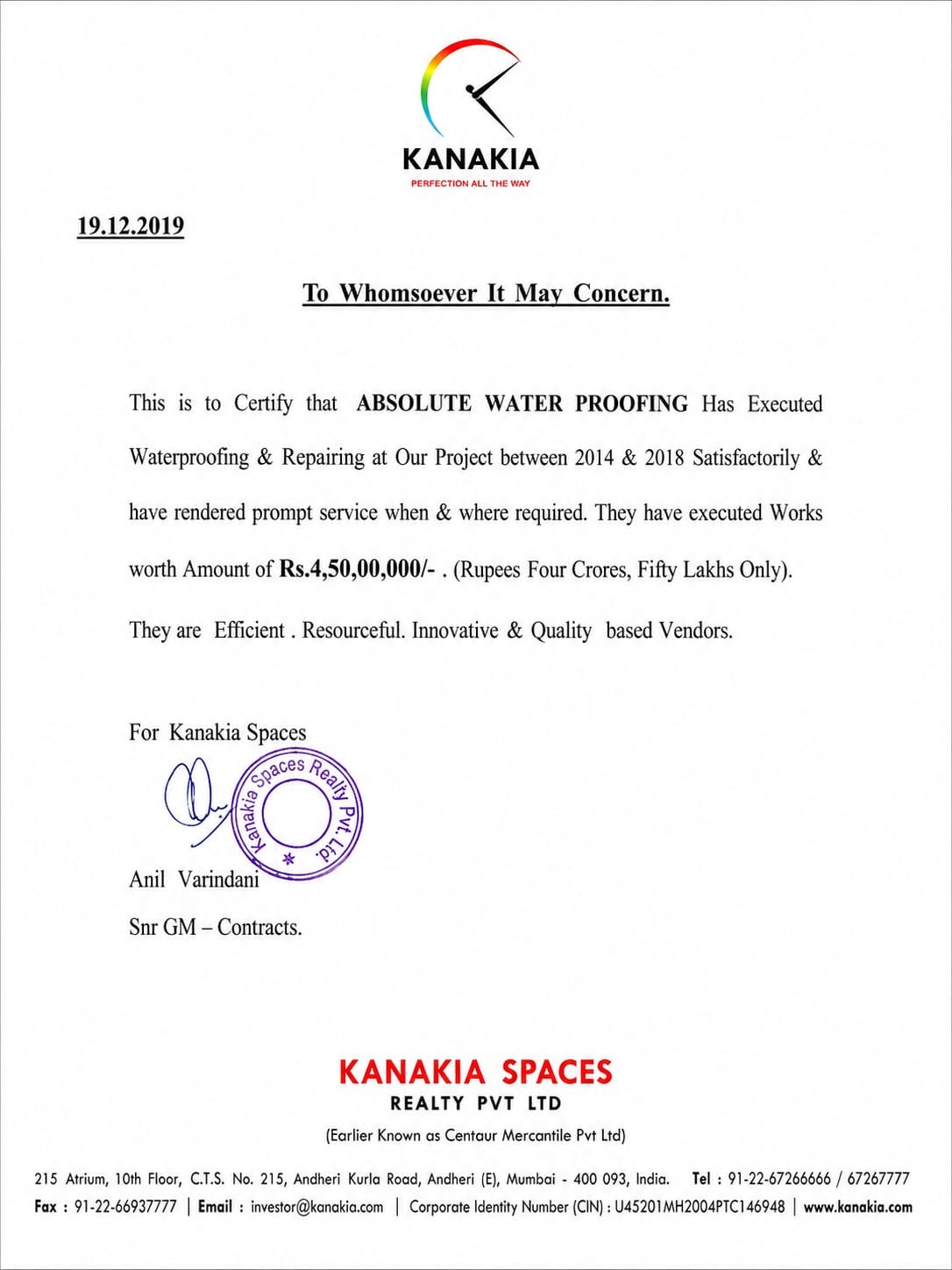 Kanakia Spaces Work Completion Certificate